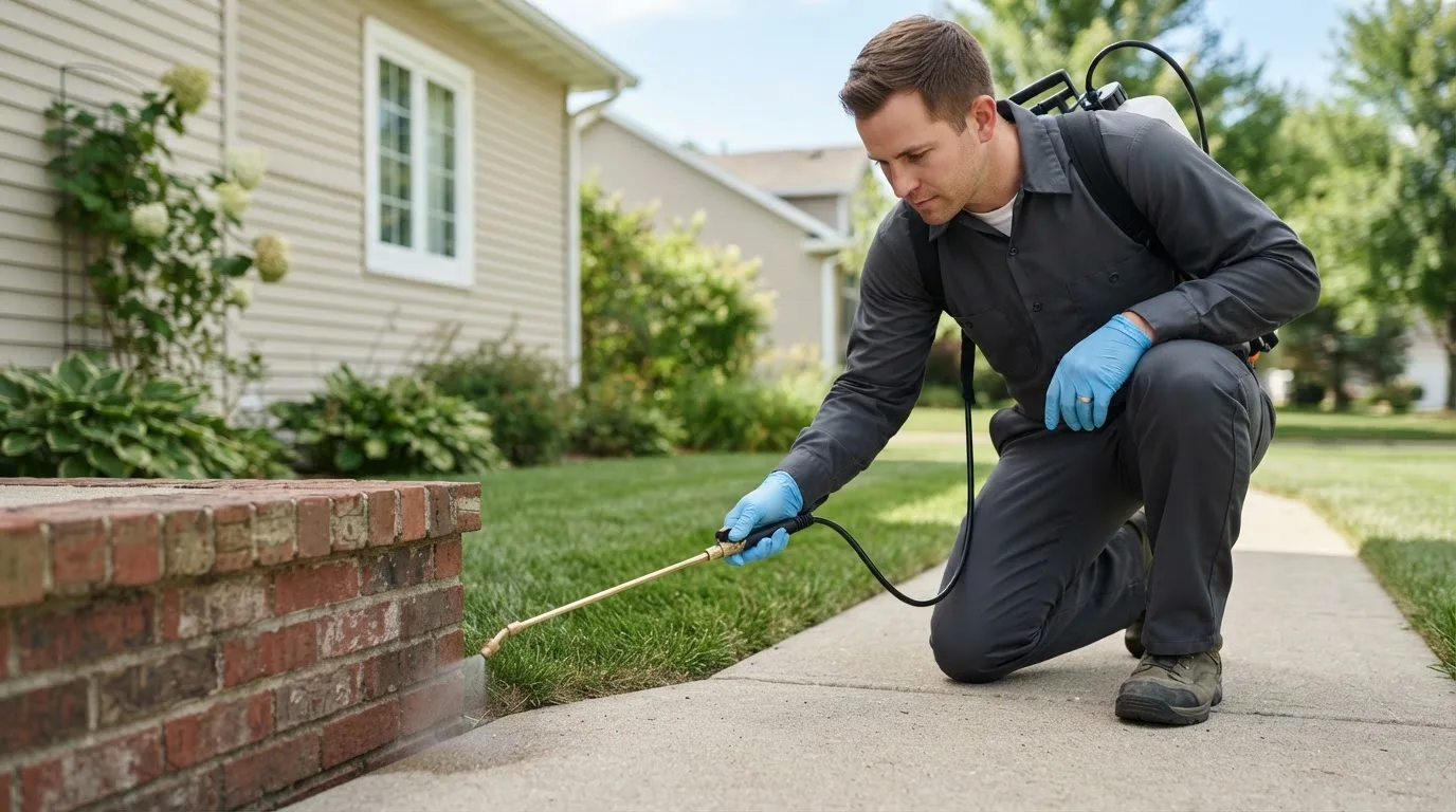Pest control technician treating a home near Lidderdale, IA