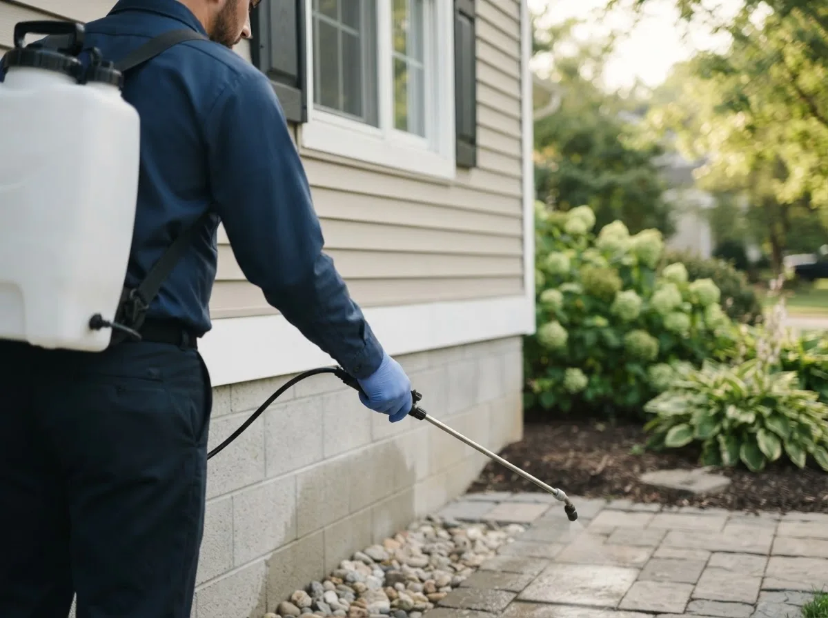 Pest control technician inspecting a home in Lidderdale, IA
